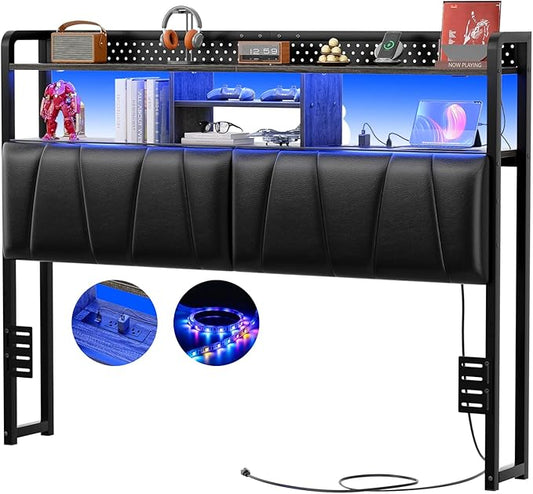 Unikito Headboard for Queen Size Bed Frame, Upholstered Head Board with Outlets, USB Ports and LED Light, Comfortable Leather Headboards with Storage Shelf, Sturdy Queen Bed Headboard Only, Black Oak