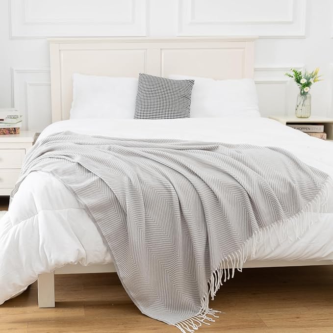 Gealaek Light Grey Throw Blanket Chevron Lightweight Fuzzy Soft Cozy Decorative Blankets for Sofa Bed Farmhouse Throw Blanket Grey with Fringe 50" x 60"