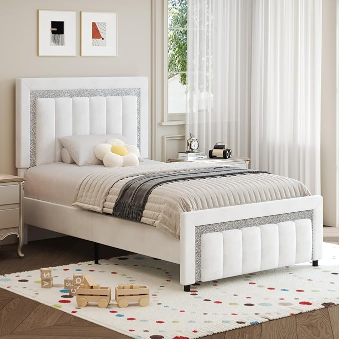 HOMBCK Twin Size Bed Frames with Headboard and Footboard, Upholstered Platform Bed with Diamond Design, Bed Frames Twin with Wooden Slats Support, No Box Spring Needed, Easy Assembly, White