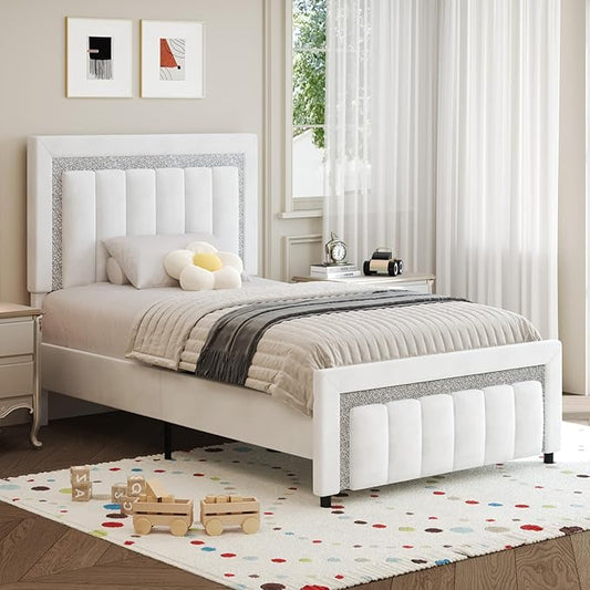 HOMBCK Twin Size Bed Frames with Headboard and Footboard, Upholstered Platform Bed with Diamond Design, Bed Frames Twin with Wooden Slats Support, No Box Spring Needed, Easy Assembly, White
