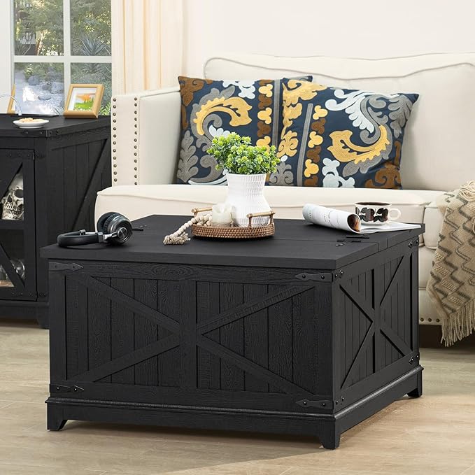 Farmhouse Coffee Table Sets 3 Pieces, Large End Side Tables with Charging Station and Coffee Table with Hidden Storage Compartment, Black Living Room Table Set, Wood Furniture Sets for Home Office