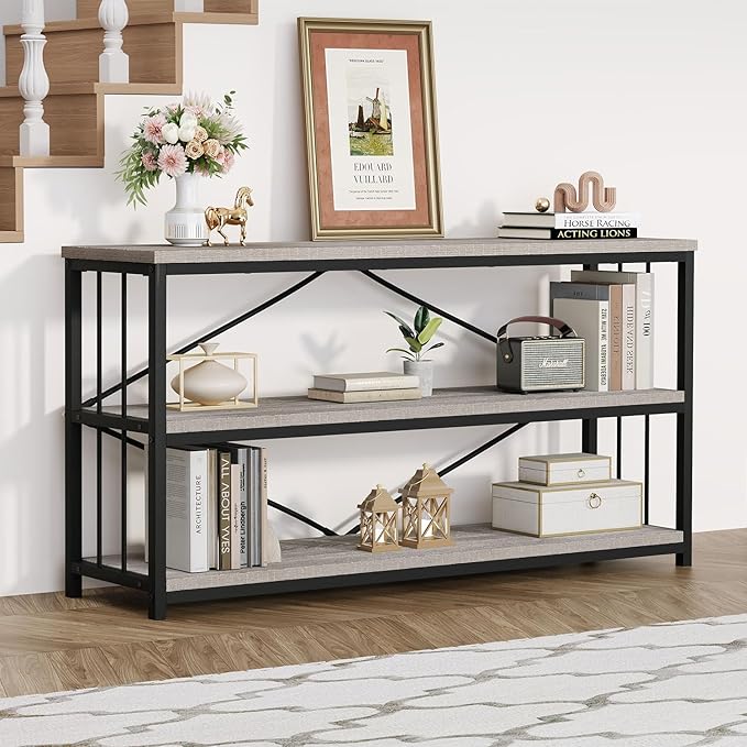 HSH Gray Bookshelf, Industrial Wood Metal Long Bookcase with Storage, Open 3 Tier Bookshelves for Bedroom Living Room, Farmhouse Wooden Etagere Book Shelf for Home Office, Light Grey Oak, 55 Inch