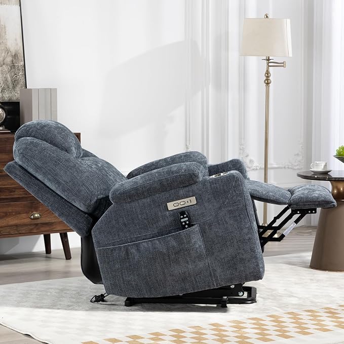 Power Lift Chair with Massage & Heat, Electric Recliner Chairs for Adults, Remote Control, Sofa for Living Room, Standing Assistance, USB Ports, Stainless Steel Cup Holders (Chenille Blue)