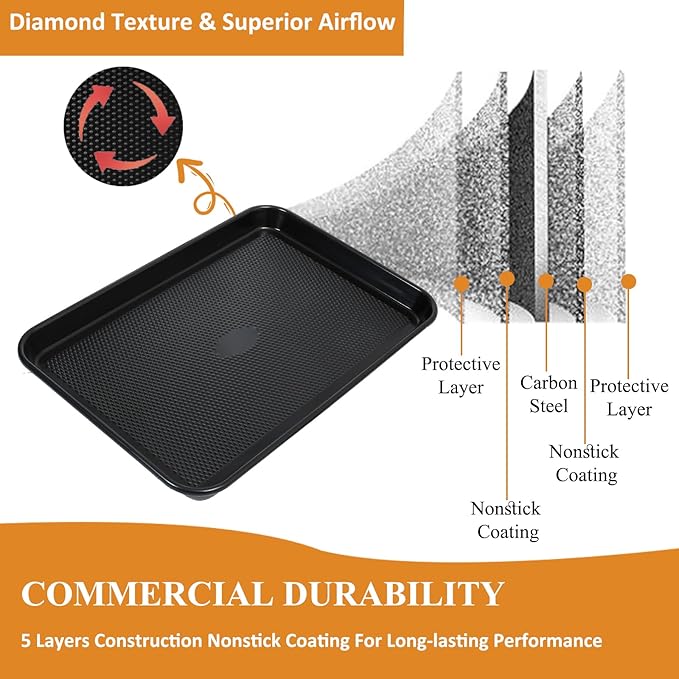 SS&CC Nonstick Baking Sheet Pan Set of 3, 0.8mm Carbon Steel Cookie Sheets for Oven - Half/Quarter/Jelly Roll Pans with Diamond Texture, PFOA-Free & Oven Safe (17.5x12, 15.5x10.2, 13.5x9.5 Inch)