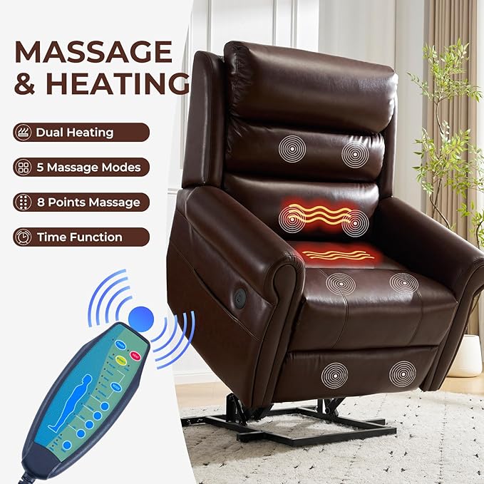 Power Lift Recliner Chair for Elderly with Adjustable Headrest, Oversized Lay Flat Recliner with Massage and Heat,28" Extra Wide Lift Chair for Big and Tall, Infinite Position,Extended Footrest, Brown