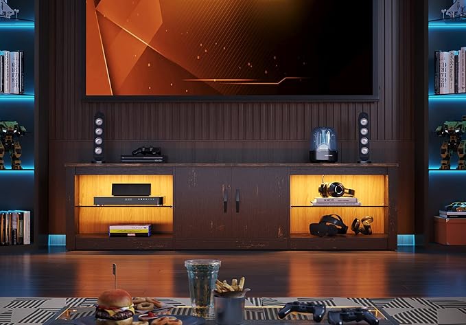 Bestier 70 Inch Led TV Stand for 75 Inch TV Large Entertainment Center Gaming with Adjustable Glass Shelves Two Cabinets Modern TV Console for Living Room 22 RGB Modes, Golden Black