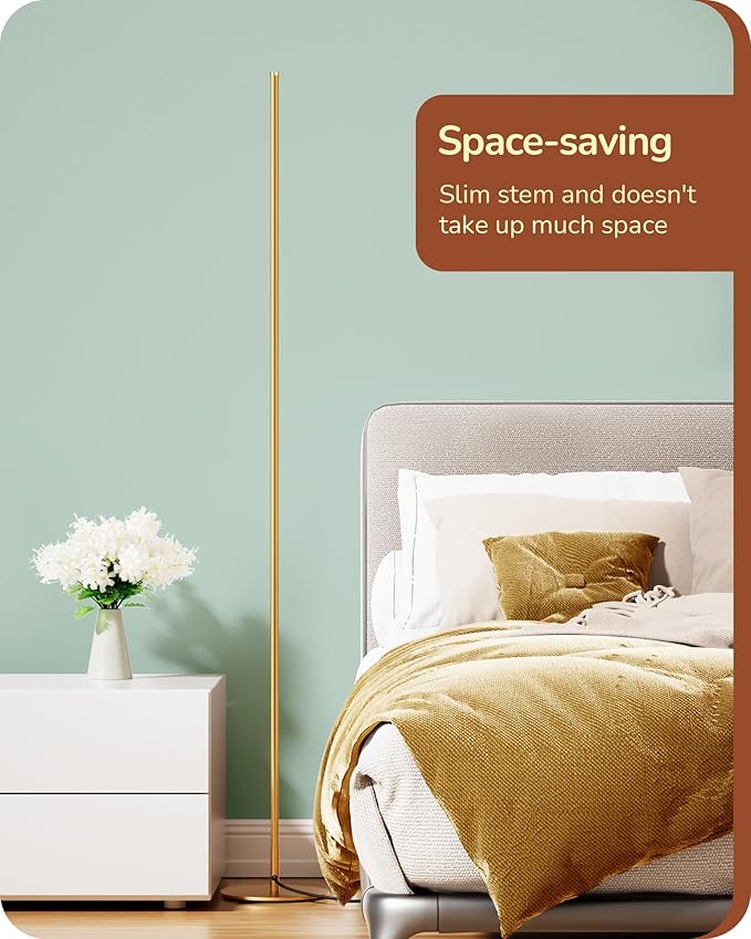 EDISHINE LED Corner Floor Lamp with Remote, 57.5" Minimalist Dimmable Corner Light, Tall Floor Lamps for Living Room, Bedroom, Office, 3000K Warm White Light (Gold)