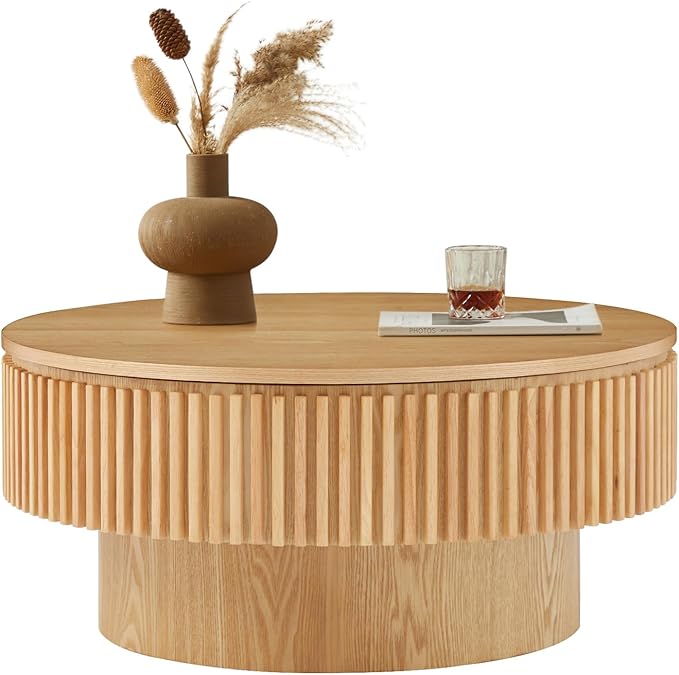 Round Coffee Table for Living Room,Fluted Drum Accent Tea Center Table with Storage,Circle Modern Coffee Tables for Small Space Office Apartment (31.5" L×31.5''W×14''H-Natural)