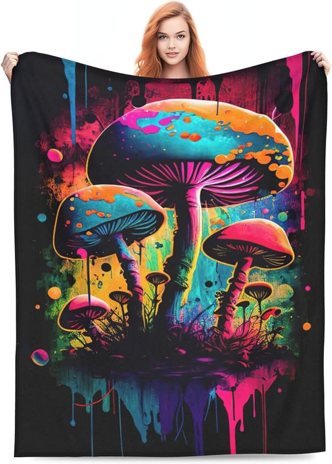 Mushroom Blanket Graffiti Throw Blankets Funky Mushroom Stuff Gifts for Men Women Boys Girls Adults Fleece Flannel Blanket Plush Bedding for Couch Sofa Bed Room Decor 60"X80"