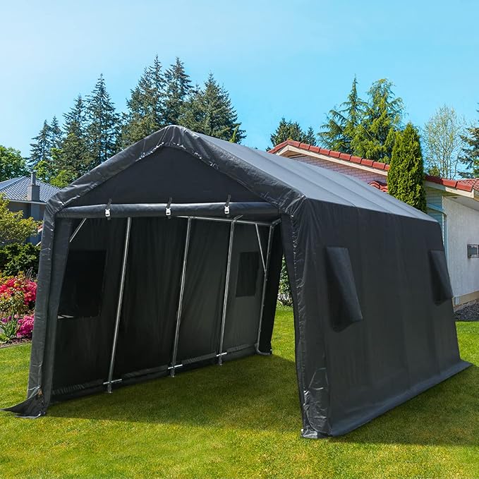 ADVANCE OUTDOOR 10X20 ft Carport Heavy Duty Outdoor Patio Portable Canopy Storage Shelter Shed with 2 Rolled up Zipper Doors & Vents for Snowmobile Garden Tools, Gray
