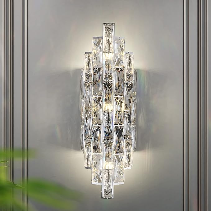 Modern Crystal Chrome Wall Sconces, Wall Light Fixtures, Indoor Wall Lamp, Vanity Wall Mount Lamps for Living Room Bedroom Bathroom Bedside Hallway Stairway