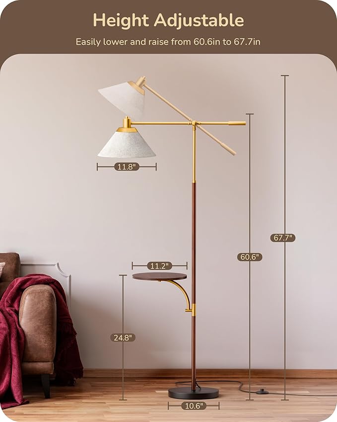EDISHINE 68" Arc Floor Lamp with Table, Vintage Standing Lamp for Living Room with Tray, Tall Reading Lamp, Beige Shade, Adjustable Arm, Remote Dimmable Bulb Included, for Bedroom Office, Wood Grain