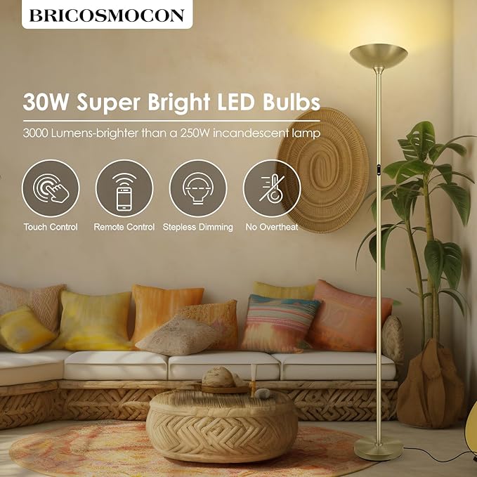 Stepless Dimmable Floor Lamp,30W 3000LM Super Bright LED Torchiere Floor Lamps with Remote & Touch Control,71 In Tall Modern Pole Standing Lamp for Living Room Bedroom Office,2700k-6500k,Golden