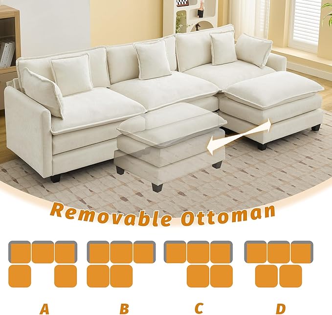 111'' Sectional Cloud Deep Seat Couch, Oversized Chenille U Shaped Sectional Sofa for Living Room Set, Comfy Upholstered Modular 5-Seats Sectional Sofa Couch with 2 Movable Ottoman, Beige