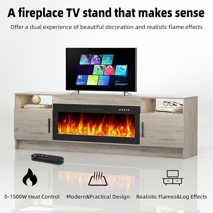 Ludatido 70 Inch TV Stand with 36 inch Electric Fireplace 27 LED Light Entertainment Center for TVs Up to 80" Black Modern Wood Media TV Console with Highlight Cabinet for Living Room Gray