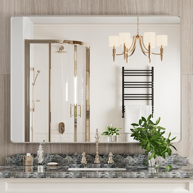 Brushed Nickel Bathroom Mirror 48x36 Inch, Brushed Silver Metal Frame Mirror Wall Mounted, Rounded Rectangle Bathroom Vanity Mirror, Tempered Glass, Anti-Rust, Horizontal/Vertical