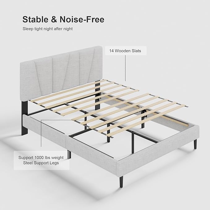 Full Size Bed Frame with Fabric Upholstered Headboard, Platform Bed with Wooden Slats Support, Fully Mattress Foundation, Box Spring Optional, Easy Assembly