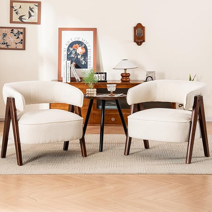 Kidol & Shellder Mid Century Accent Chair Set of 2 Comfy Fabric Modern Living Room Bedroom Chairs Upholstered Lounge Reading Armchair with Thicken Seat Cushion Wood Frame （White）