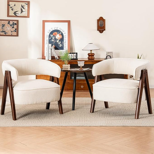 Kidol & Shellder Mid Century Accent Chair Set of 2 Comfy Fabric Modern Living Room Bedroom Chairs Upholstered Lounge Reading Armchair with Thicken Seat Cushion Wood Frame （White）