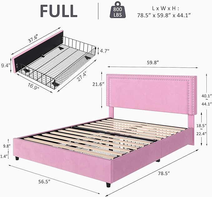 VECELO Queen Size Upholstered Platform Bed Frame with 4 Storage Drawers, Adjustable Velvet Rivet Decor Headboard, Wooden Slats Support, No Box Spring Needed, Easy Assembly