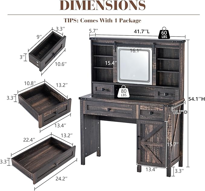 42'' Farmhouse Makeup Vanity Desk with Sliding Mirror and Lights, Glass Tabletop Vanity Table with Barn Door, 4 Drawers & Hidden Shelves, Rustic Big Vanity Women Dressing Table, Dark Oak