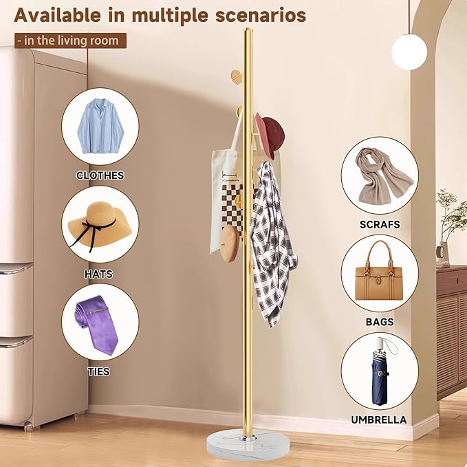 Metal Coat Rack Freestanding, Sturdy Coat Rack Stand with Natural Marble Base, Modern Golden Coat Racks Tree Hats Hanger Holder Stand for Entryway, Hallway, Bedroom