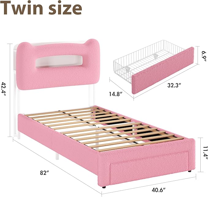 GarveeHome Upholstered Twin Bed Frame with 2-Tier Storage Headboard, LED Platform Bed with Charging Station and Drawer for Kids/Girls/Boys, Heavy Duty Metal Support, No Box Spring Needed, Pink