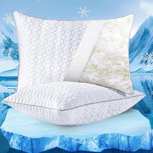 Cooling Pillows Standard Size Set of 2, Shredded Memory Foam Pillows, Adjustable Firm Bed Pillows Cool Cold Pillow for Hot Side Back Stomach Sleepers with Removable Washable Cover, 20" x 26", White