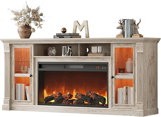Farmhouse Fireplace TV Stand Up to 80" TVs, 70" Modern Highboy Entertainment Center with 36" Electric Fireplace & LED Lights, Media Console with Adjustable Shelves for Living Room, Antique Brush Gray