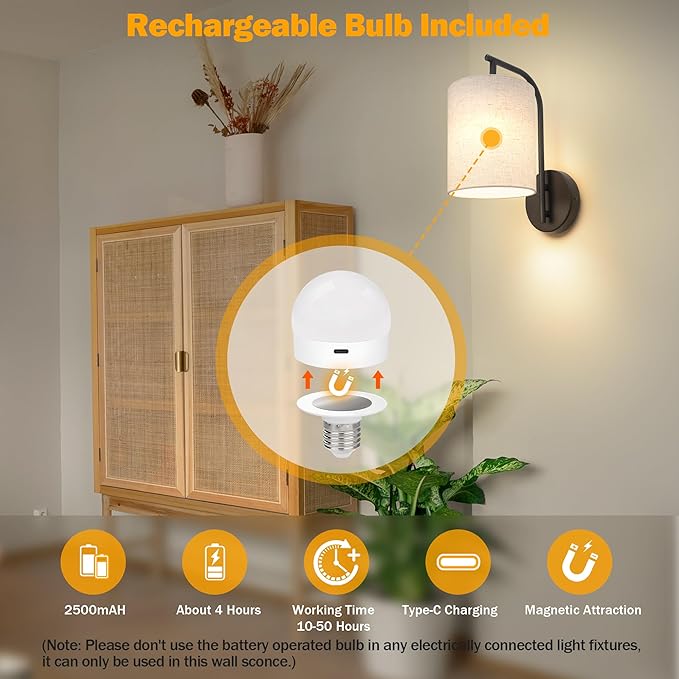 Battery Operated Wall Sconce Set of 2, Black Rechargeable Wireless Wall Light Fixture with Remote, 12 RGB Colors & Timer, Indoor Dimmable Wall Lamp with Linen Shade