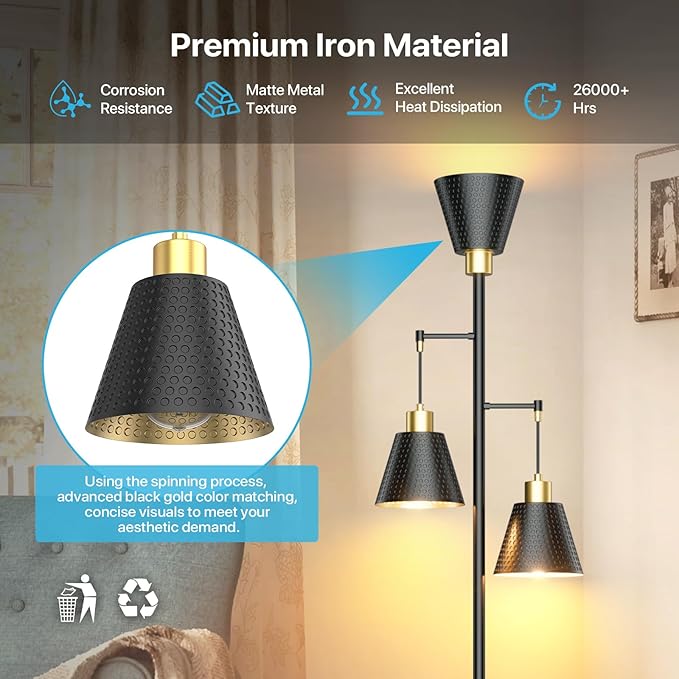 Black Floor Lamp with Cage Shade - 70" Standing Lamp for Living Room Corner - 3 LED Bulbs - Rustic Industrial Modern