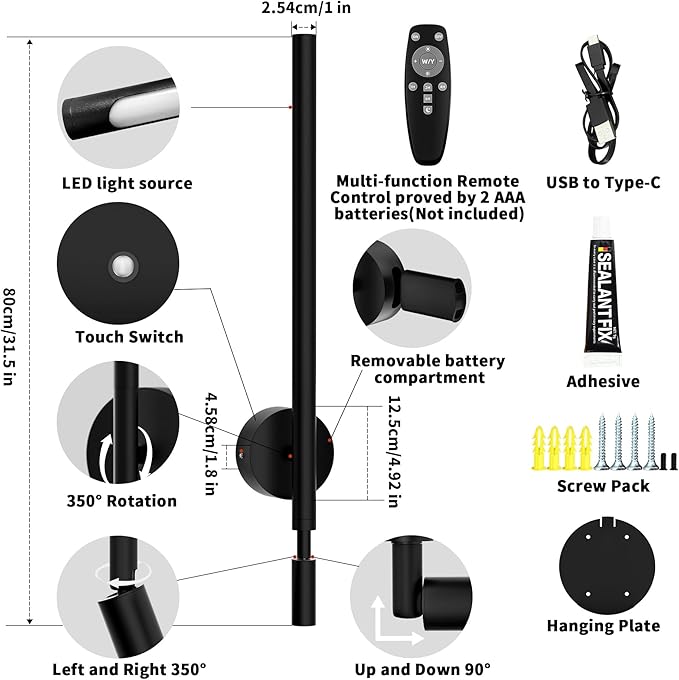 Rechargeable Wall Sconce with Reading Spotlight: Battery Operated Wireless LED Wall Light with Remote Indoor Modern Decor for Living Room Bedroom Stairwell Lighting Black