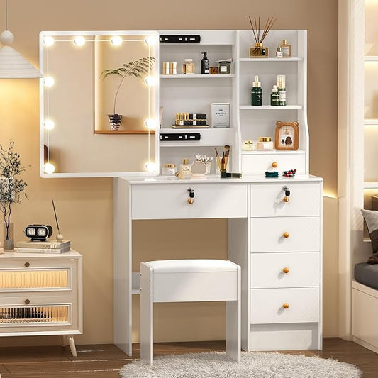 Small Makeup Vanity Desk with Lights and Slidind Mirror, Vanity Table Set with Chair, Lighted Dressing Table with 3 Adjustable Light Modes, 6 Drawers, 6 Shelves, White Vanity Desk for Women