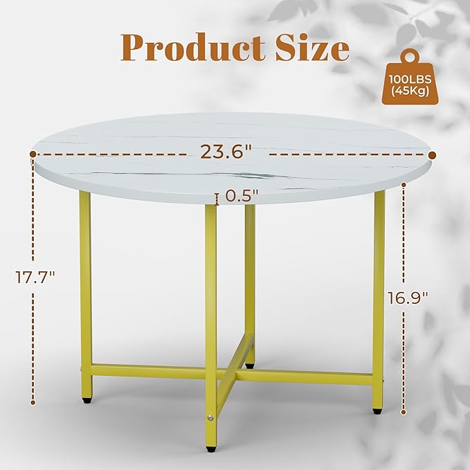 Round Coffee Table, Small Coffee Tables for Living Room, Wood Coffee Table with Metal Frame, Floor Table Desk for Sitting on The Floor, Home, Office, Farmhouse, White & Gold (23.6"D x 17.7"H)