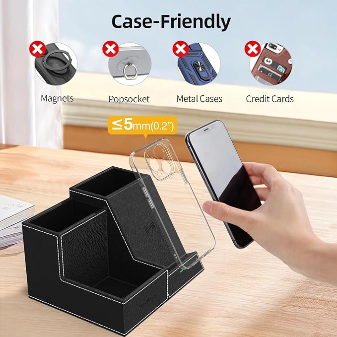 TopMade Wireless Charger with Desk Nightstand Organizer, PU Leather Pen Pencil Holder Fast Charging Station, Office Supplies for Iphone Charging Stand, Anniversary Birthday Gifts for Men(Black)