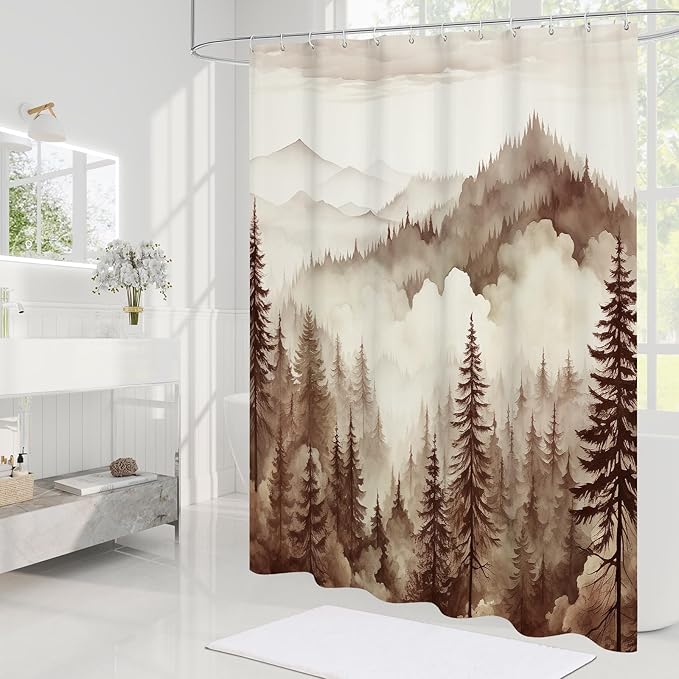 Brown Small Stall Misty Pine Forest Shower Curtain 36 x 72, Tan Mountain Foggy Woodland Scenery Tree Narrow Half Size Shower Curtains for Bathroom, Abstract Waterproof Nature-Themed Decor