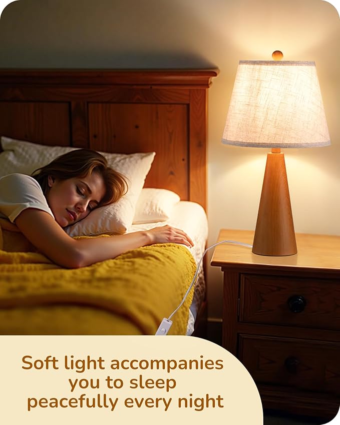 EDISHINE 21.85" Farmhouse Table Lamp, Rustic Bedside Lamp, Water Transfer Rose Wood Grain Metal Base, Beige Linen Shade, Modern Nightstand Light for Living Room, Bedroom, Office, E26 Base