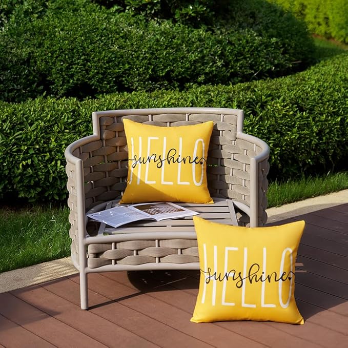 DFXSZ Outdoor Pillow Covers 16x16 Inch Set of 2 Hello Sunshine Decor Yellow Waterproof Summer Outdoor Waterproof Pillow Covers Decor for Patio Funiture Garden Sofa Couch 020B16