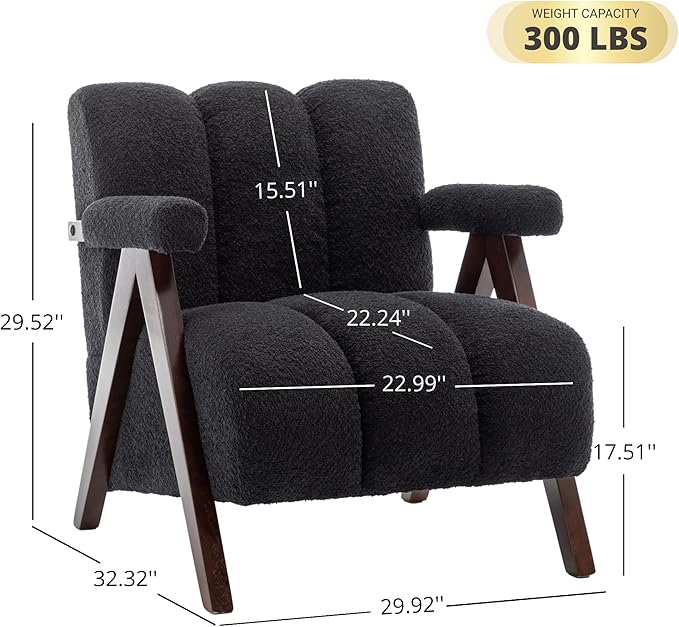 Mid Century Modern Accent Chairs Set of 2 with Solid Wood Frame, Boucle Upholstered Living Room Chairs with Thick Cushion, Comfy Tufted Arm Chair for Bedroom, Black