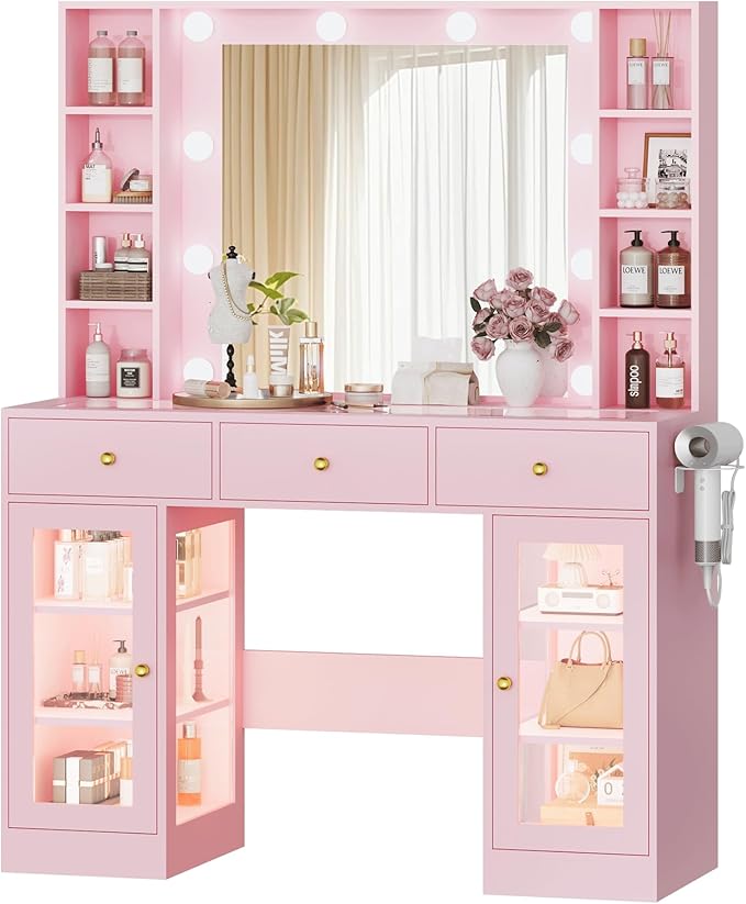 Makeup Vanity Desk with Mirror and Lights, Pink Vanity with Glass Top, LED Lights & Power Outlet, 3 Drawers & 2 RGB Glass Cabinets, Adjustable Lighted Dressing Table for Women & Girls Bedroom