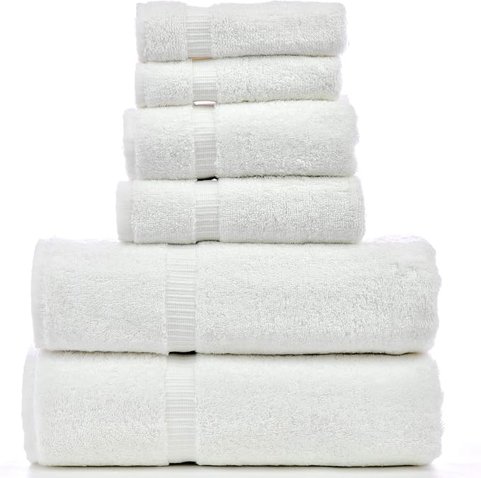 Luxury Hotel & Spa Quality, Quick Dry 100% Turkish Cotton, 700 GSM, Eco Friendly Towel, Bathroom and Kitchen Dobby Border Towels, 2-Bath Towel, 2-Hand Towel, 2-Washcloth (Bundle Set of 6, White)