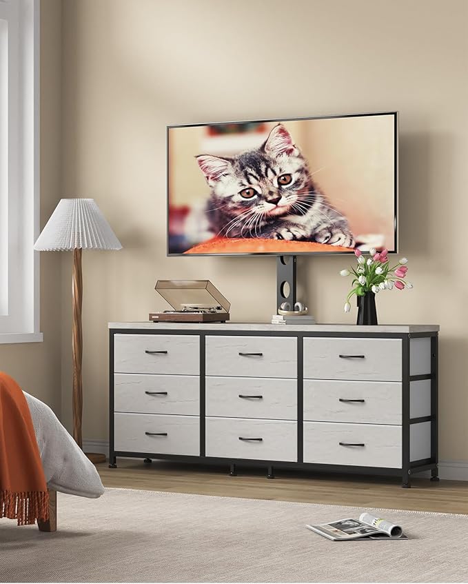 TV Stand with Mount for 32/55/65/75/85 inch TVs, Entertainment Center with 9 Fabric Drawers Dresser Storage, Height Adjustable Media Console