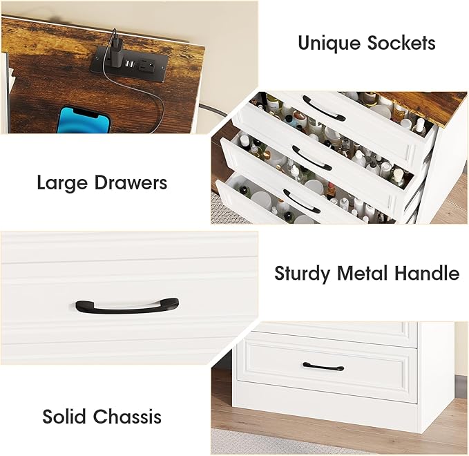 Fameill Dresser for Bedroom, 4 Drawer Small Dresser Organizer with Charging Station for Livingroom, Chest of Drawers with Metal Handles, Farmhouse White