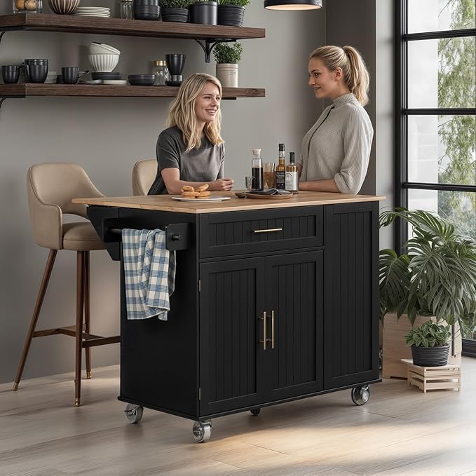 Kitchen Island with Storage & Drop Leaf - 43.3" Mobile Kitchen Cart with Wheels, Rolling Kitchen Island with Trash Bin Cabinet & Towel Rack, Rubberwood Top, Black Island for Kitchen