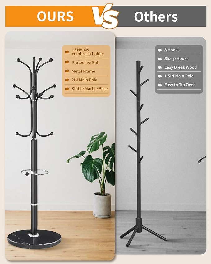 EZIVIEZ Modern Coat Rack Stand, Metal Freestanding Coat Rack with Natural Marble Base, Heavy-Duty Coat Racks with Umbrella Holder,Black Coat Hanger Stand with 12 Hooks for Office, Entryway, Hallway