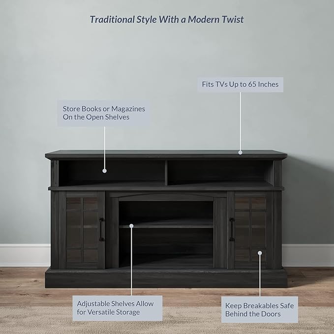 BELLEZE 58 Inch TV Stand, Rustic Wood Entertainment Center for TVs up to 65", Contemporary Media Console Table with Two Open Shelves and Glass Door Cabinets - Astorga (Rustic Grey)