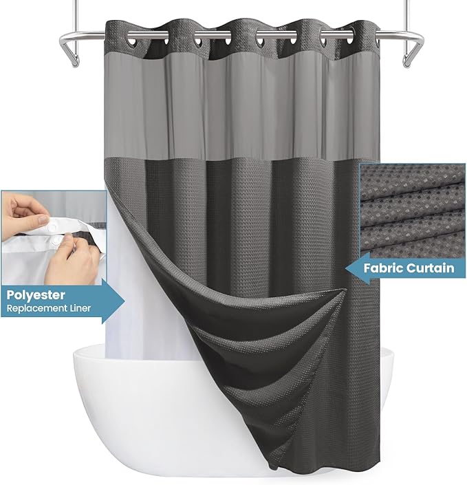 Charcoal Grey Long No Hook Shower Curtain with Snap in Liner,230GSM Waffle Weave Shower Curtains for Bathroom,71W x 86H
