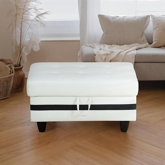 Ottoman Rectangular Storage Ottoman Bench, Faux Leather Footrest, Coffee Table, Stool Footstool with Hinged Lid for Living Room, Bedroom, Entryway, White with Black Strip, 35"x23.5"x17.5"
