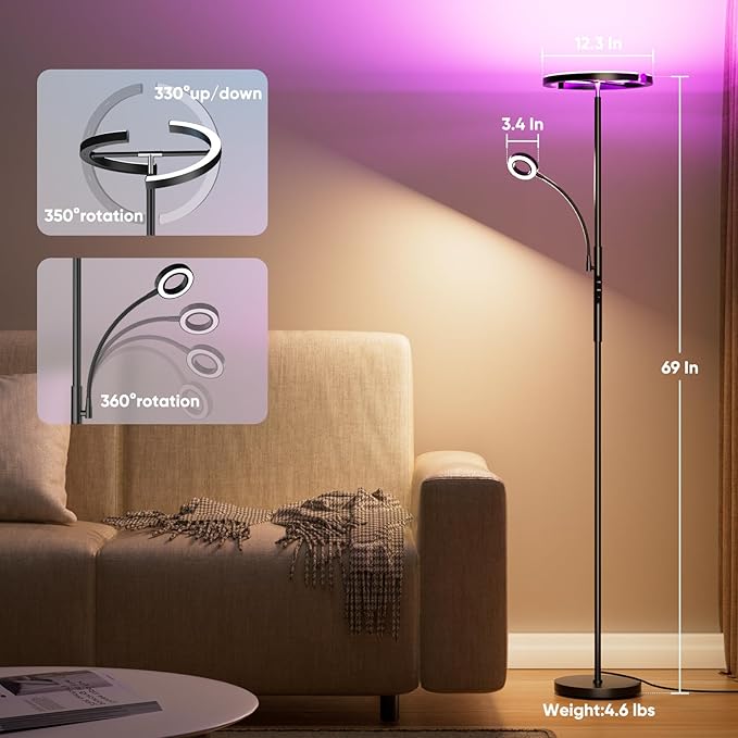Upgraded RGBCW Floor Lamp with Reading Lamp, Rotatable Remote Control LED Standing Lamp Dimmable Floor Light Modern Standing Light for Living Room Bedroom Home Office, 36W, Black