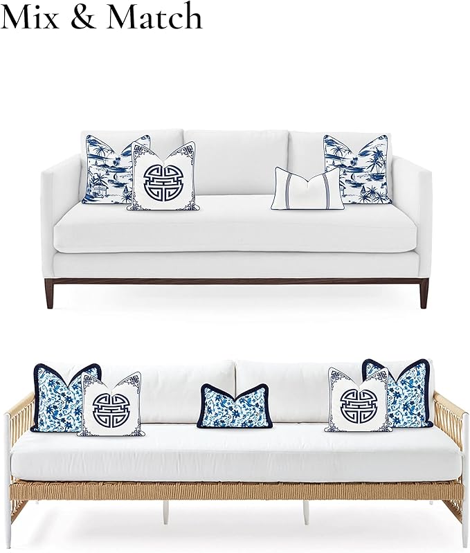 Hofdeco Premium Coastal Hampton Style Patio Indoor Outdoor Throw Pillow Cover Only, 18"x18" Water Resistant for Backyard, Couch, Navy Blue Embroidered Longevity Symbol